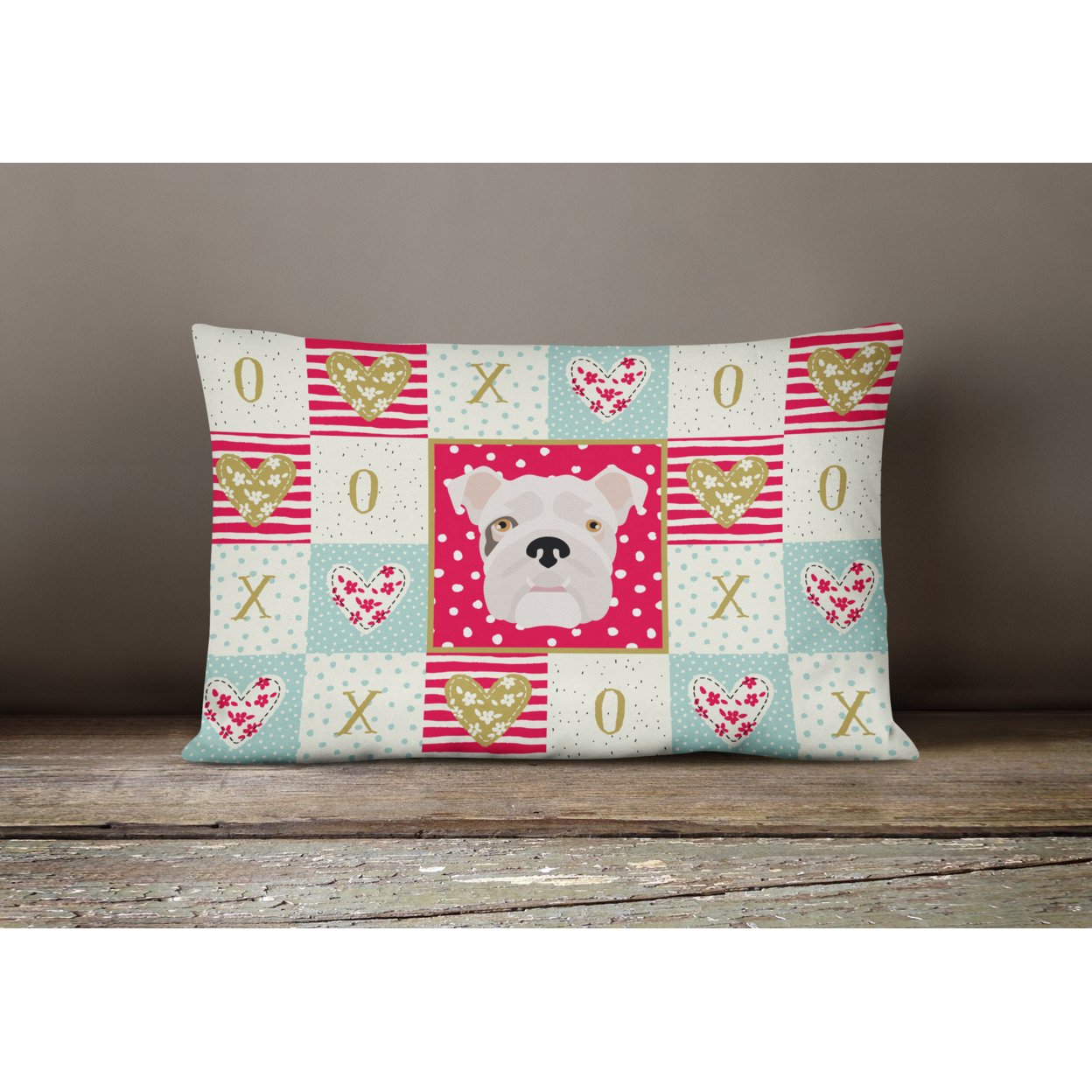 English Bulldog Love Canvas Fabric Decorative Pillow Red