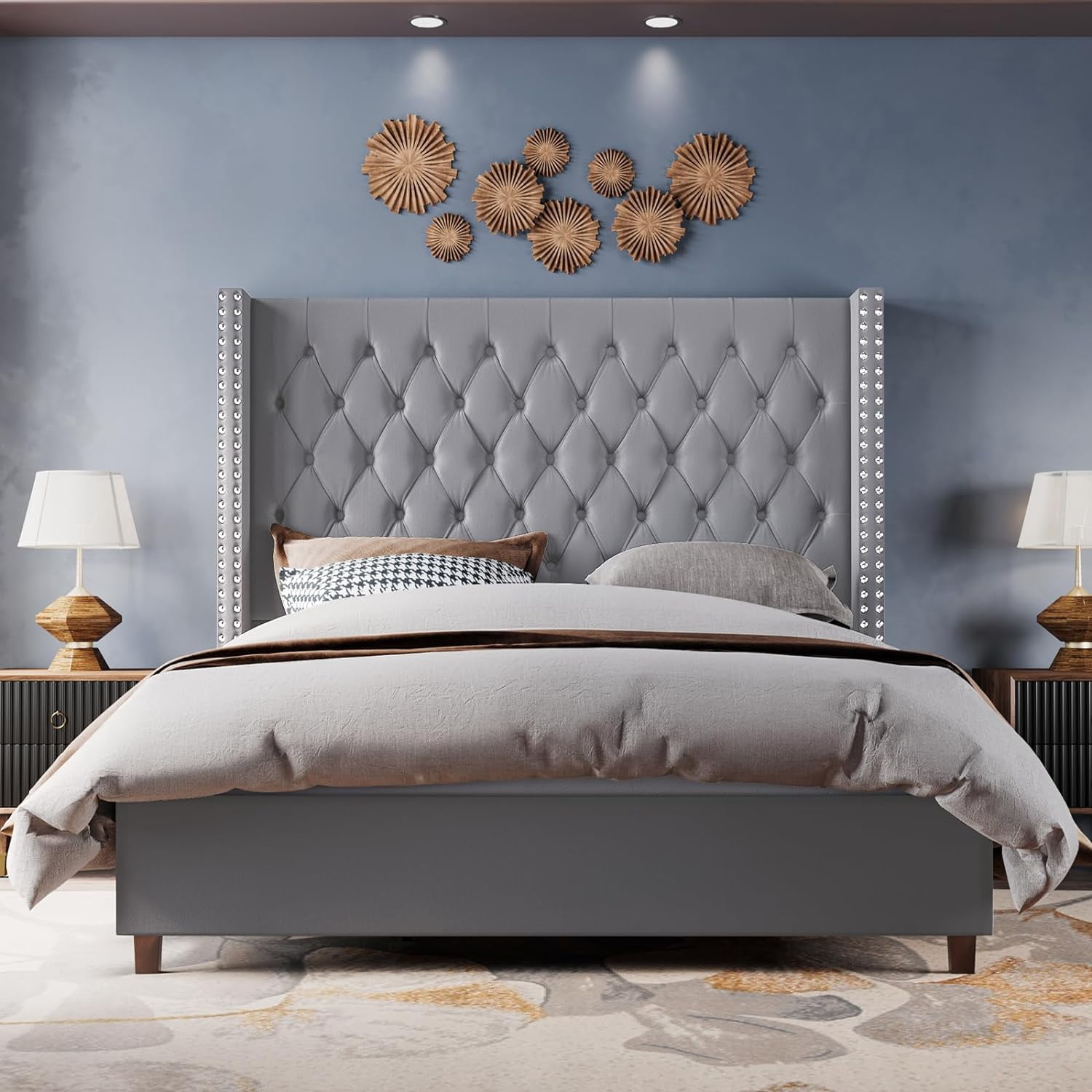 Merluxy King Bed Frame with Deep Button Tufting and 61.4" Tall Headbord,Velvet Upholstered,Grey