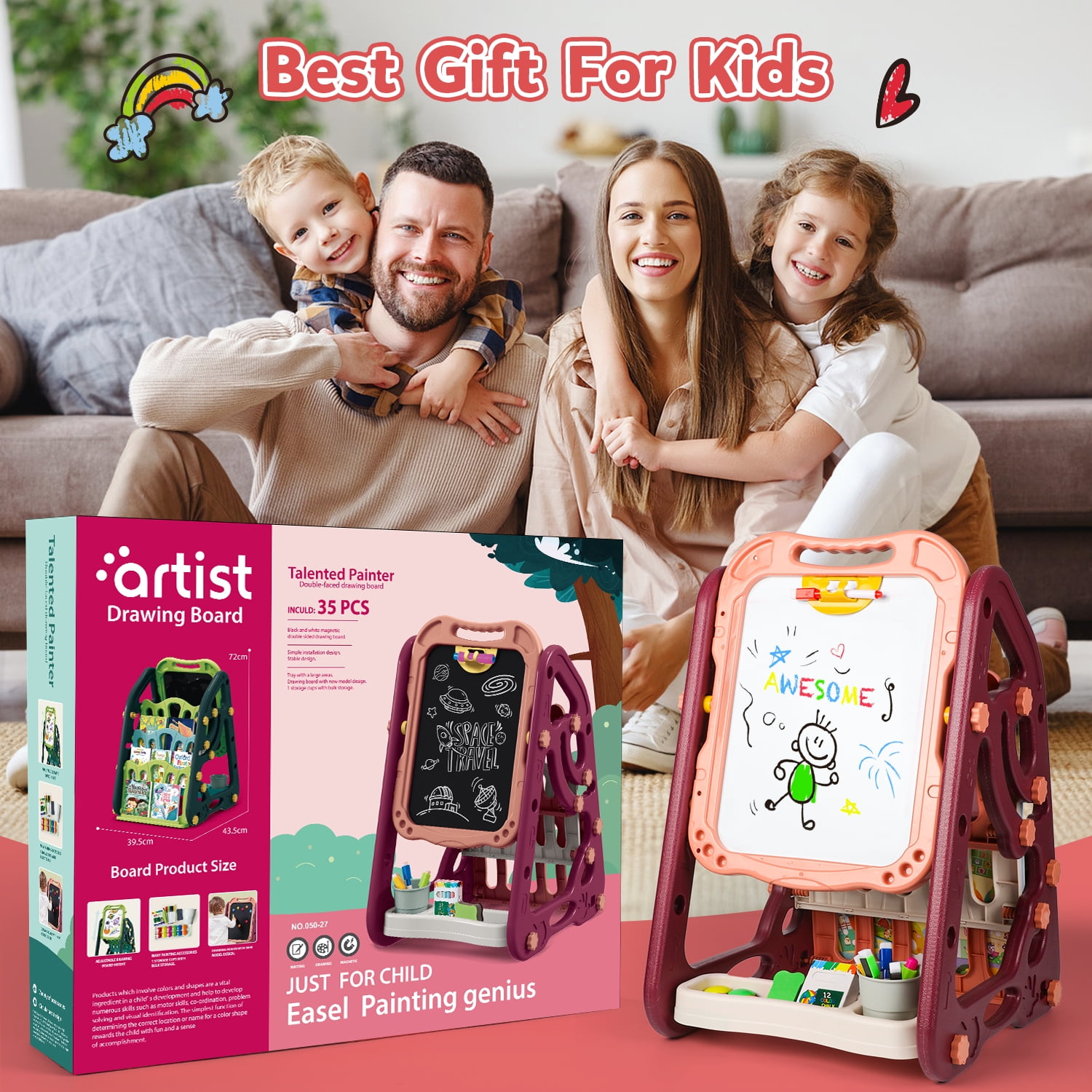 UUSUOO Easel for Kids,3 in 1Double Sided Art Easel with Magnetic White Board & Chalk Board,Adjustable Standing Toddler Easel with Art Accessories,Christmas Gift for Kids Ages 3+,Red