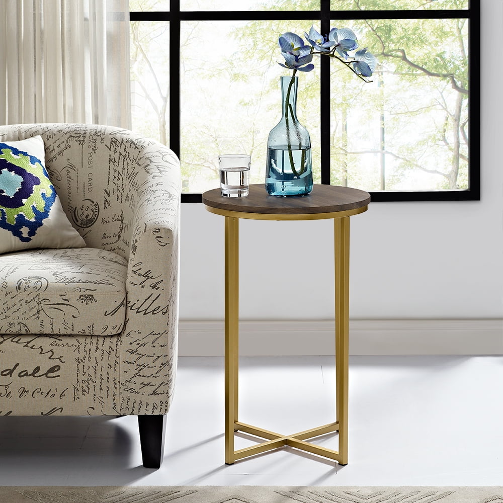 Ember Interiors Modern Glam Round End Table, Dark Walnut