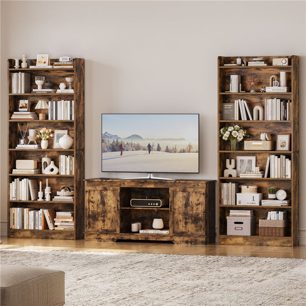 Renwick Wooden 7 Layer Open Shelf Bookcase with Compartment, Rustic Brown