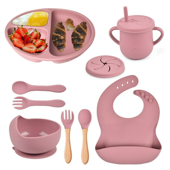 RUseeN Silicone Baby Feeding Set|Baby Weaning Supplies Set|Suction Baby Plate Bowl Set with Bib Spoon Fork Sippy Cup|Baby Feeding Eating Supplies Set BPA Free - Dark Pink