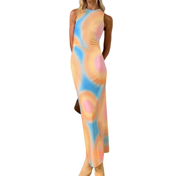 TRKIYQC Vestido Sin Mangas para Mujer con Estampado Tie Dye, Versión Flaca Larga Cuello Redondo Ropa De Verano TRKIYQC moda