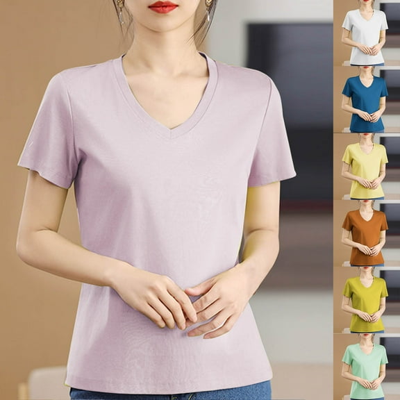 Hot days, bold styles Olyvenn Women's Summer Tops Tee Mercerized Cotton 2025 V Neck T-Shirts Casual Comfort Short Sleeve Pullover Beige XXXL
