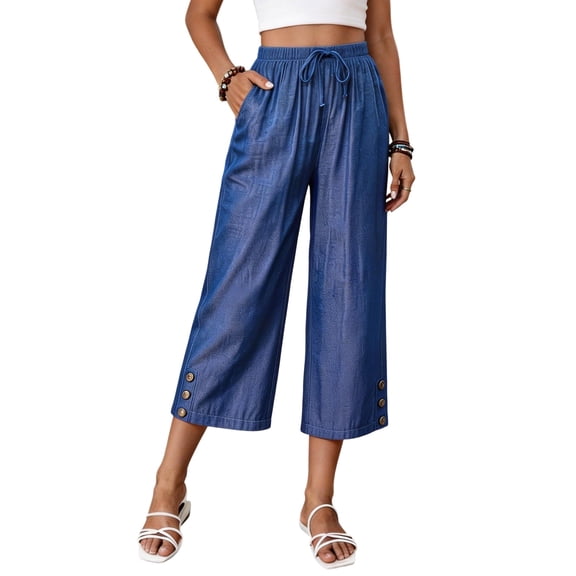 DHFJKG Women Denim Capri Pants Summer Lightweight Stretch Soft Loose Fit Straight Leg Casual Drawstring Jeans Pants Trendy Trousers
