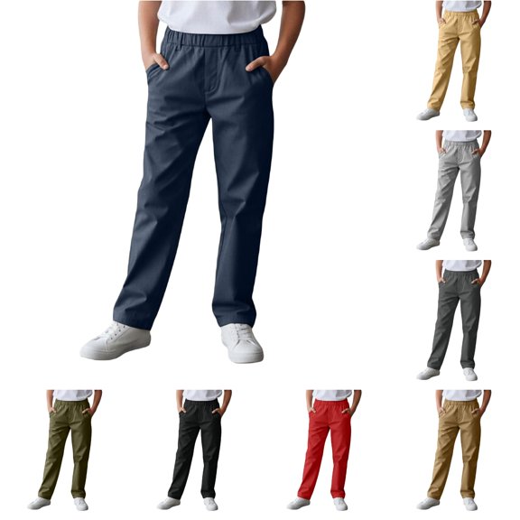 Krdevn Boys Solid Half Elastic Back Waist Straight Woven Pants Fall Loose Open Hem Casual Trousers with Side Pockets 10-11 Years,Navy