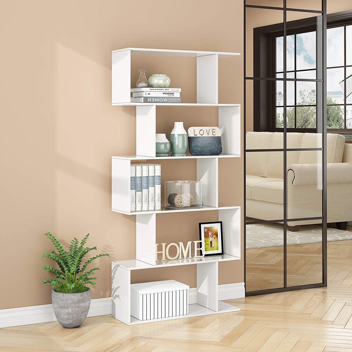 HOMEFORT 5-Tier Wood Bookcase, Modern Geometric, Display HOMEFORT 5-Tier Wood Bookcase, Modern Geometric, Display