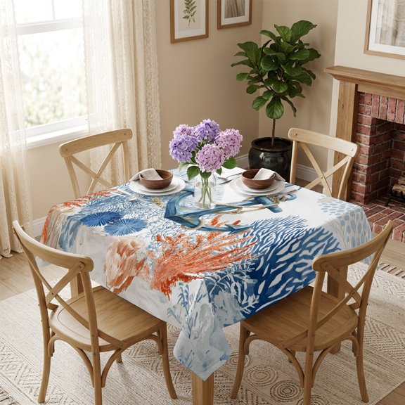 Nautical Coastal Square Tablecloth 54x54 Inch Summer Ocean Beach Anchor Corals Waterproof Polyester Table Cover, Washable Stain Resistant Tablecloth for Dining Table Kitchen Wedding
