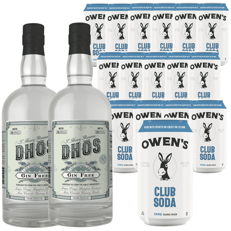 Dhōs Handcrafted Non-Alcoholic Gin 750 ML Bottles w Pack Owen’s Mixers Club Soda 8.2 OZ Cans - Perfect for Mocktails - A