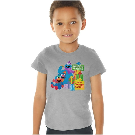 Sesame Street Happy Holidays Gifts With Elmo, Grover, Cookie Kids T Shirt (3) for Toddler Boys and Girls, Athletic Heather