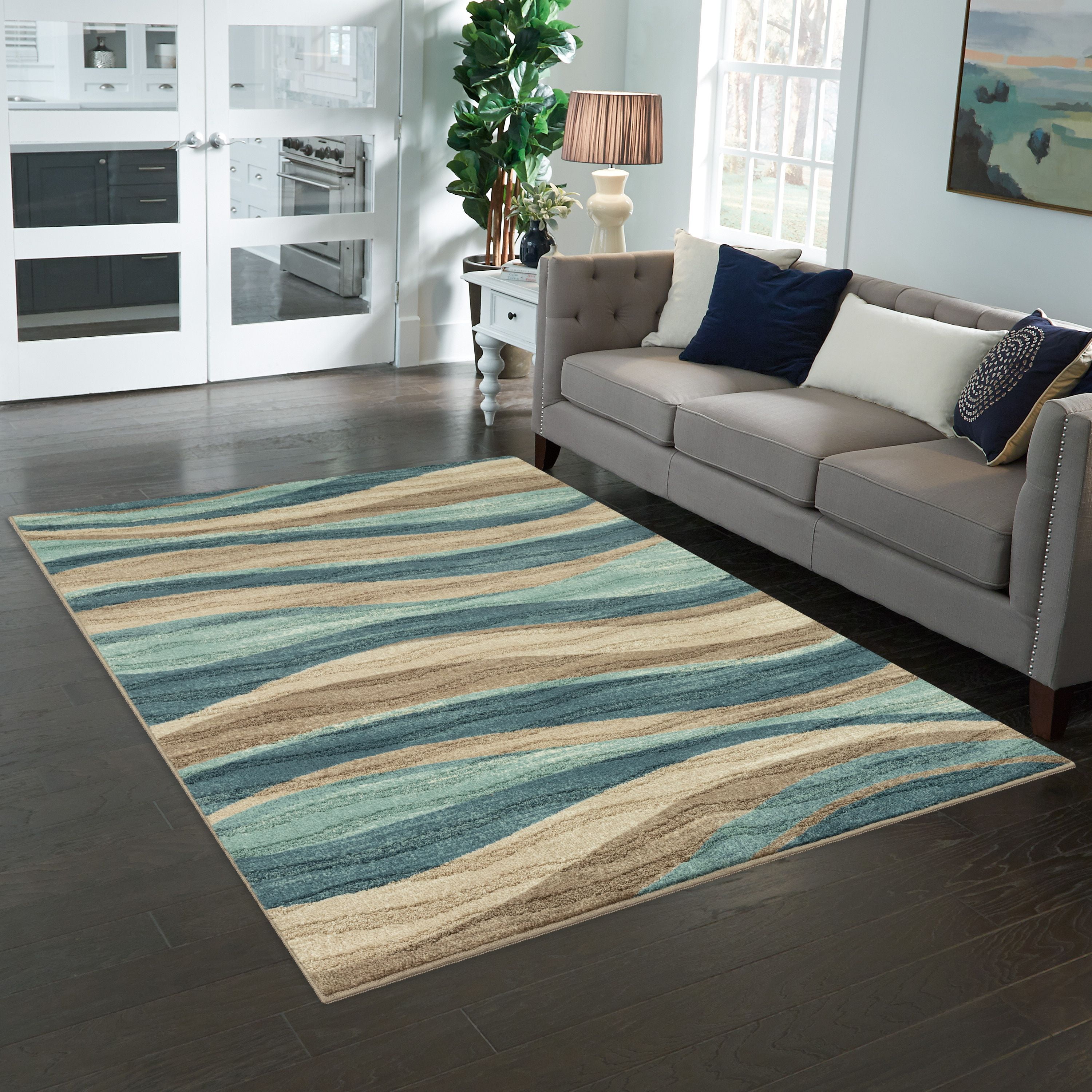 Mainstays Geometric Blue Brown Waves Indoor Area Rug, 7' x 10'