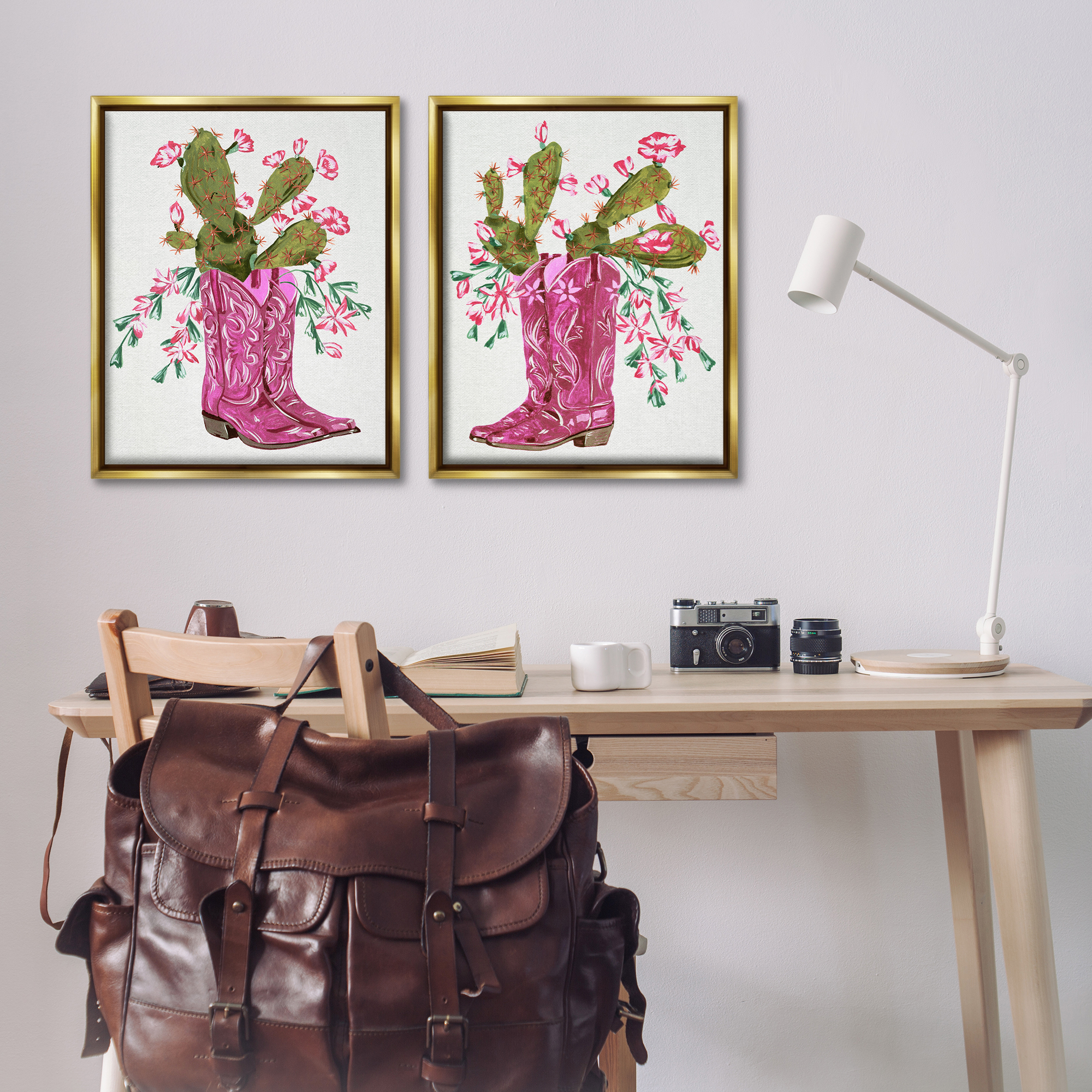Stupell Industries Cactus in Pink Cowgirl Boots Entertainment Painting Gold Floater Framed Canvas Art Print Wall Art, 31 x 25, Set of 2