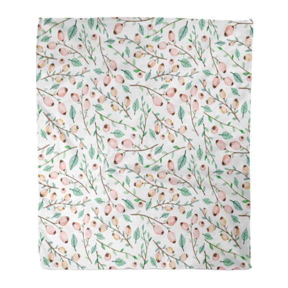 SIDONKU Flannel Throw Blanket Abstract Watercolor Light Red Berries and Little Green Leaves Soft for Bed Sofa and Couch 50x60 Inches