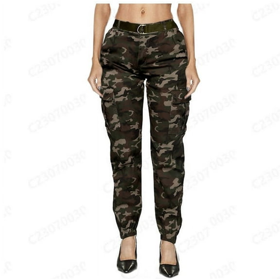Lovskoo Cargo Pants Women High Waist Jogger Camouflage Pants with Matching Belt Coffee