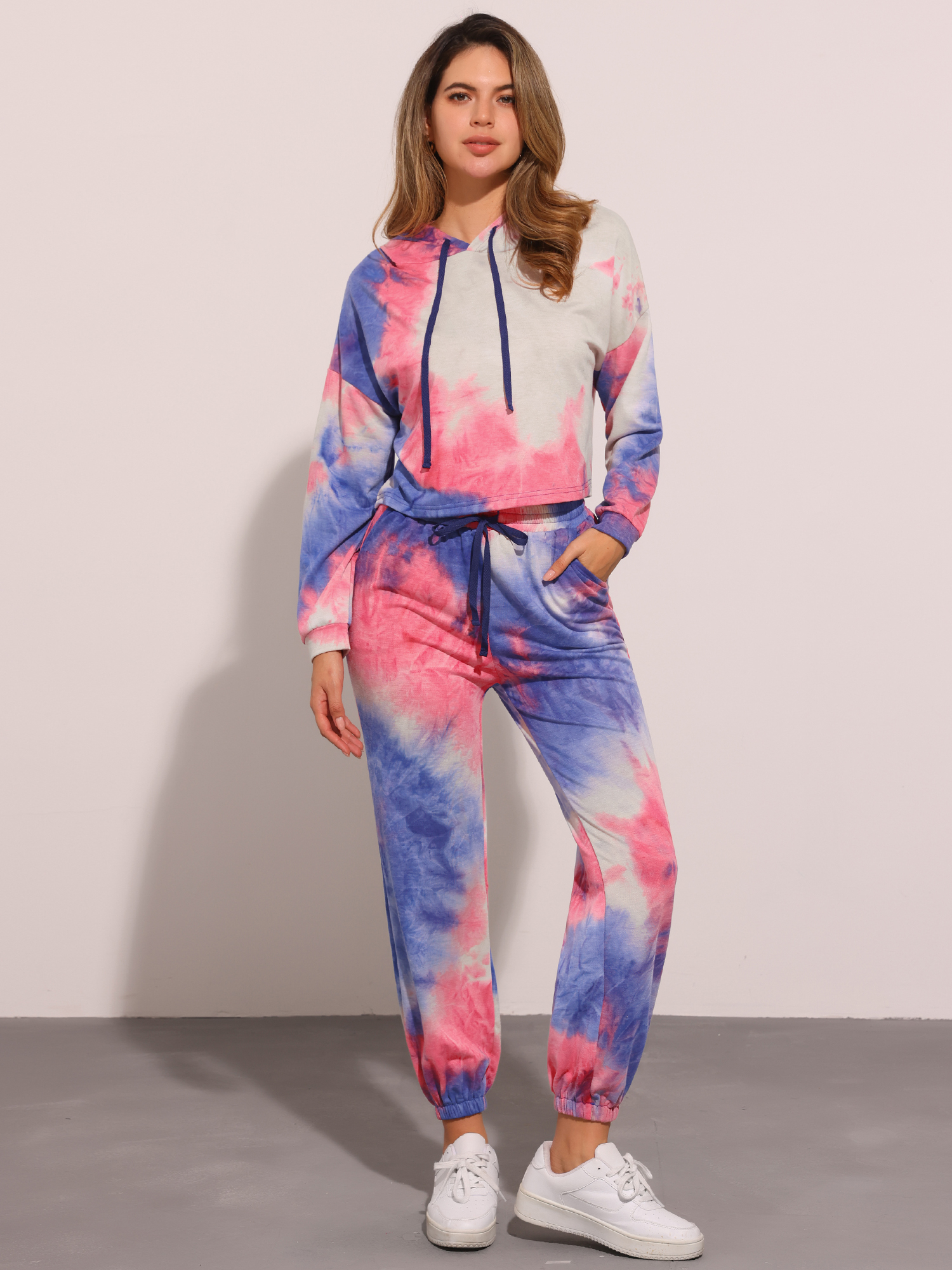 DARING DIVA Women's 2 Piece Tie Dye Hoodie Drawstring Sports Outfit XS Purple Blue