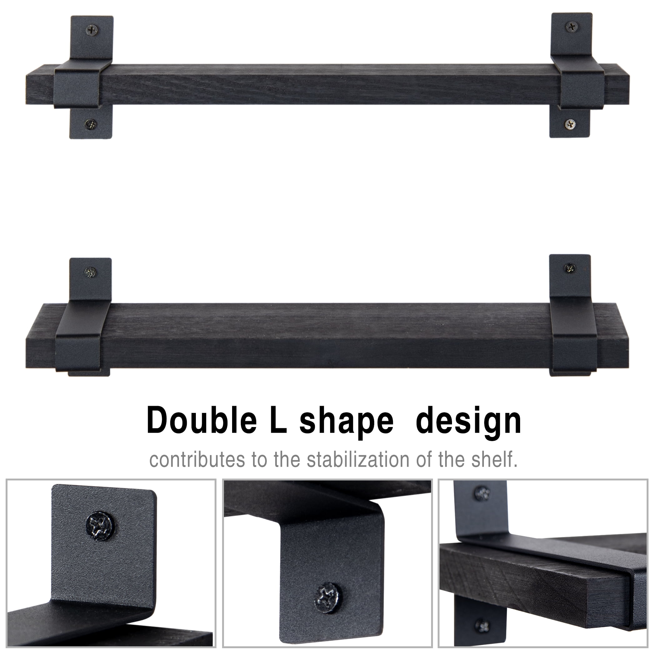 Lavievert Floating Shelves Wall Mounted Set of 2, Rustic Wood Wall Storage Shelves for Bedroom, Living Room, Bathroom, Kitchen, Office - Black