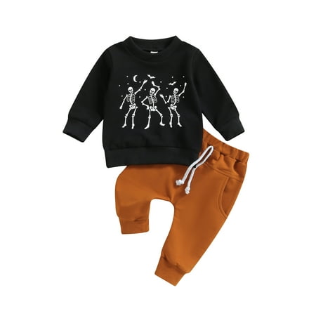 

Licupiee Baby Boy 2 Piece Outfits Halloween Skeleton Print Long Sleeve Sweatshirt Elastic Pants Toddler Fall Tracksuit
