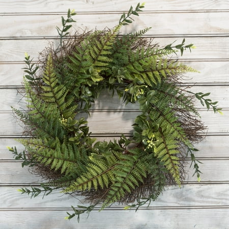 Wreath Greenery Artificial Fern Wreath with Grapevine Base- UV Resistant Greenery Wreath with Blossoms, Slim Profile for Front Door, Wall Decor by Pure Garden 21” ()