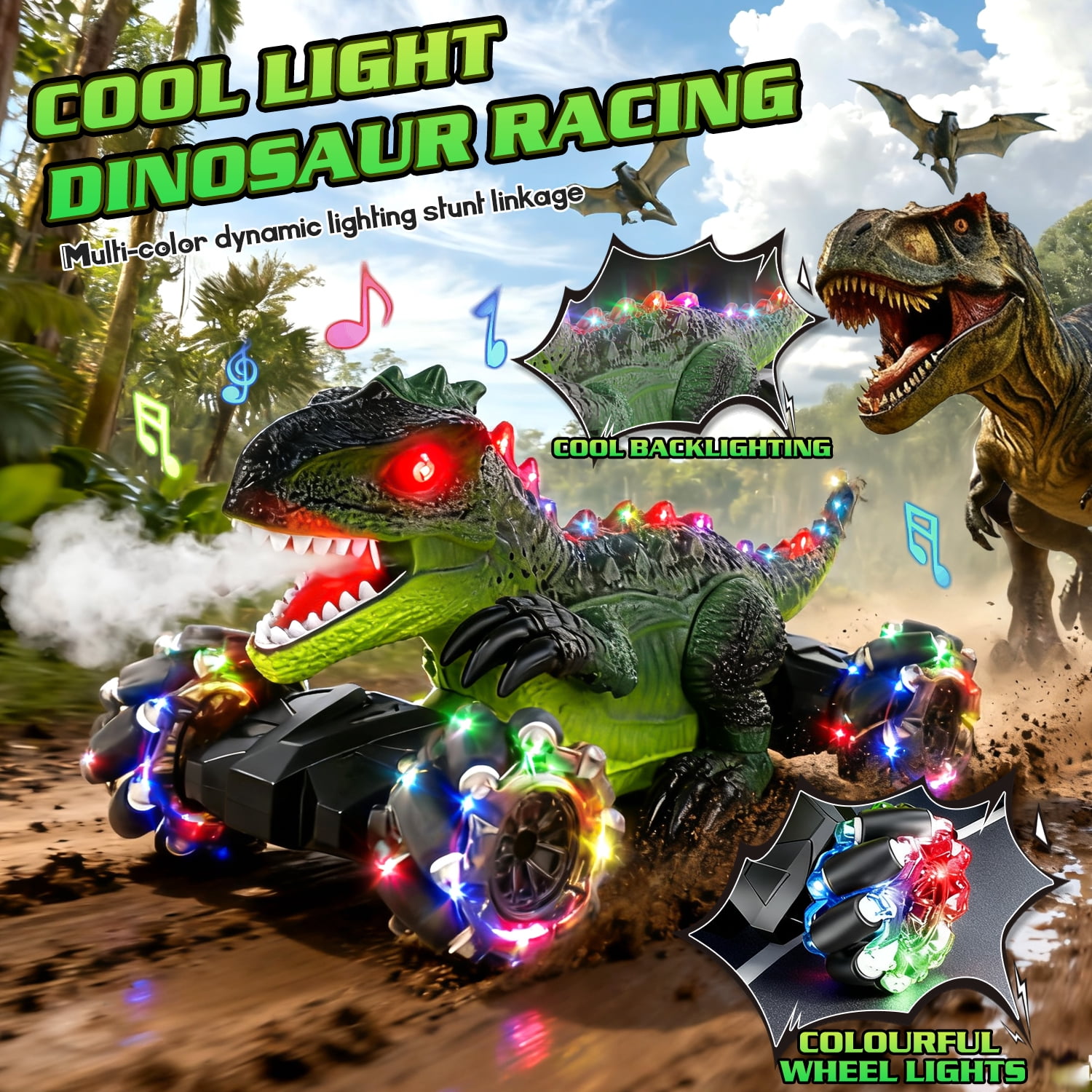 UUSUOO Dinosaur Remote Control Car, 4WD Rechargeable RC Stunt Car with Spray, LED Lights, Music, 360° Rotation, 2.4GHz Remote Control Dinosaur Monster Truck Gift