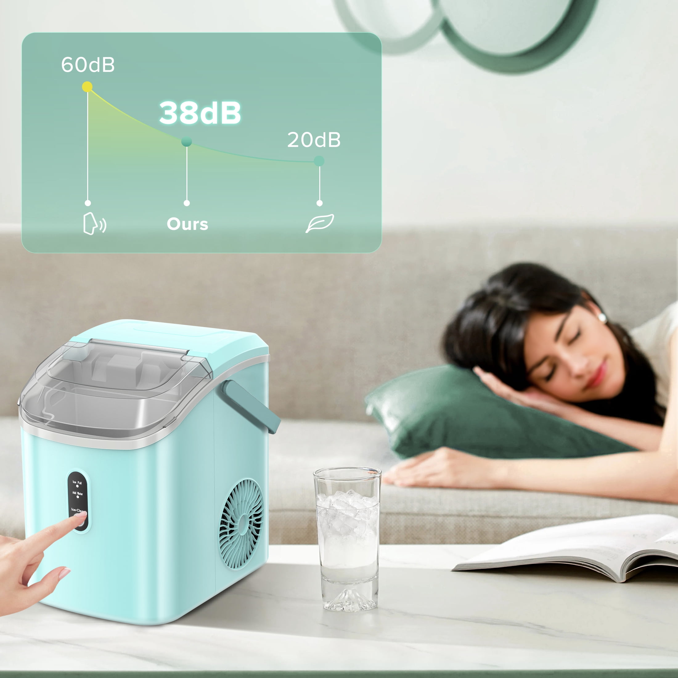 KISSAIR Nugget Ice Maker Countertop with Soft Chewable Pellet Ice, Portable Ice Machine with Handle, 35lbs/24H, Green