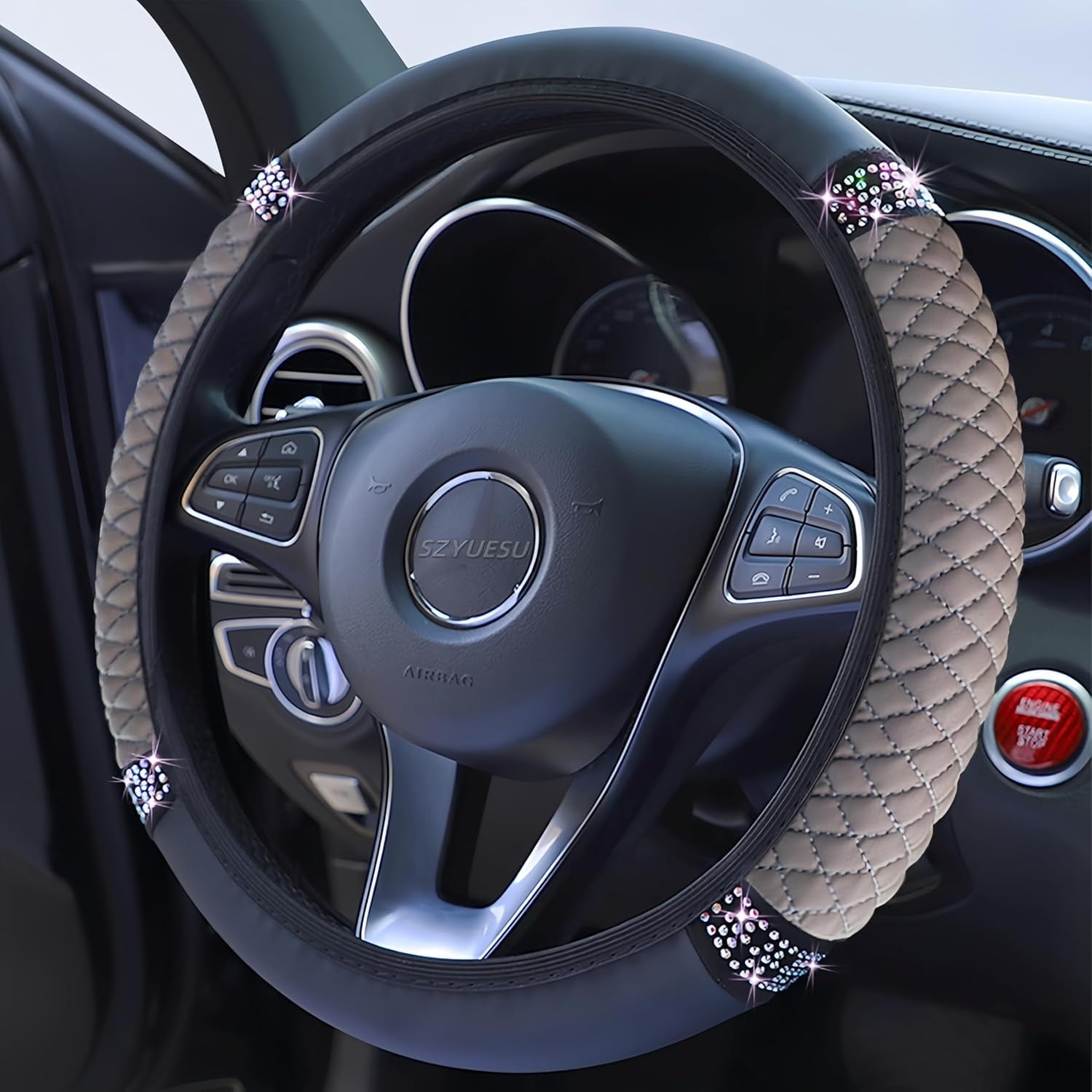 Bling Soft Leather Steering Wheel Cover 15 Inch with Sparkly Diamond Rhinestones for Women and Girls – Elastic Car Accessory for Most Cars (Gray)