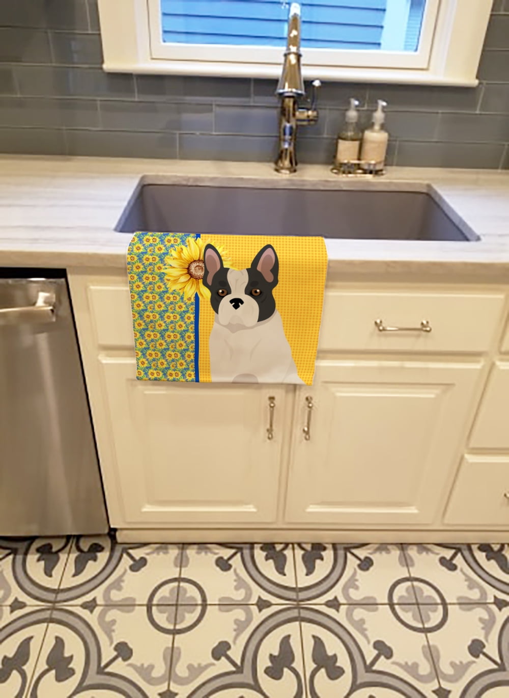 Summer Sunflowers Black and White French Bulldog Kitchen Towel