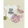 thumbnail image 2 of Cenuakty Baby Girls 3PCS Shorts Sets, White Short Sleeve Letter Print Romper Pumpkin/Floral/Skull Head Print Shorts Headband Sets, 2 of 9