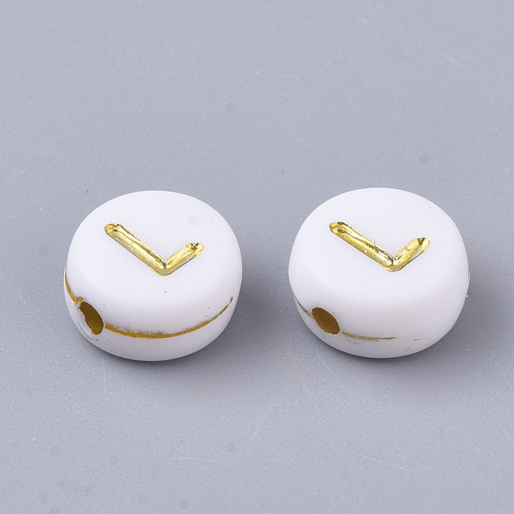 Plating Acrylic Beads Golden Metal Enlaced Horizontal Hole Flat Round with Alphabet White Letter.L 7x3.5mm Hole: 1.2mm 3600pcs/500g