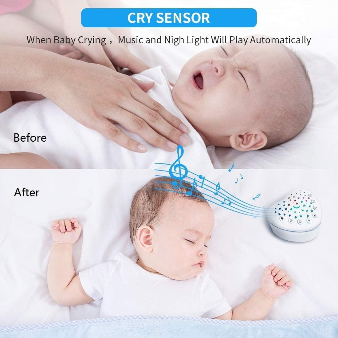 Sound Machine for Babies, Adults & Kids | 15 Soothing Sounds Featuring White Noise & 9 Lullabies, Cry Sensor, Star Projector | Mini, Recharable, Travel Friendly