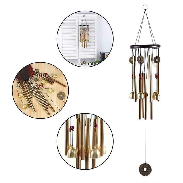 tubo de aluminio, campanas chinas de , 5 campanas, campana de iglesia , adorno de decoración de ín libre de 10 tubos Campanas de viento de metal marrón colgantes desde un aro de madera con 10 tubos y copas resonantes, cuentas decorativas y disco chino como péndulo; longitud principal 80 cm (31.5 in), aptas para colgar en jardín, puerta o ventana.