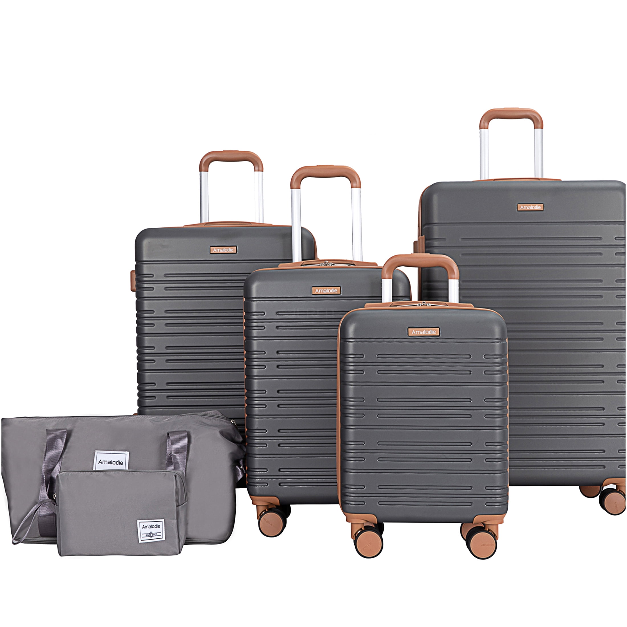 JERFIT 6-Piece Hard Shell Luggage Set with TSA Locks, 360° Spinner Wheels, Expandable Duffel, Gray ABS Suitcases for Travel
