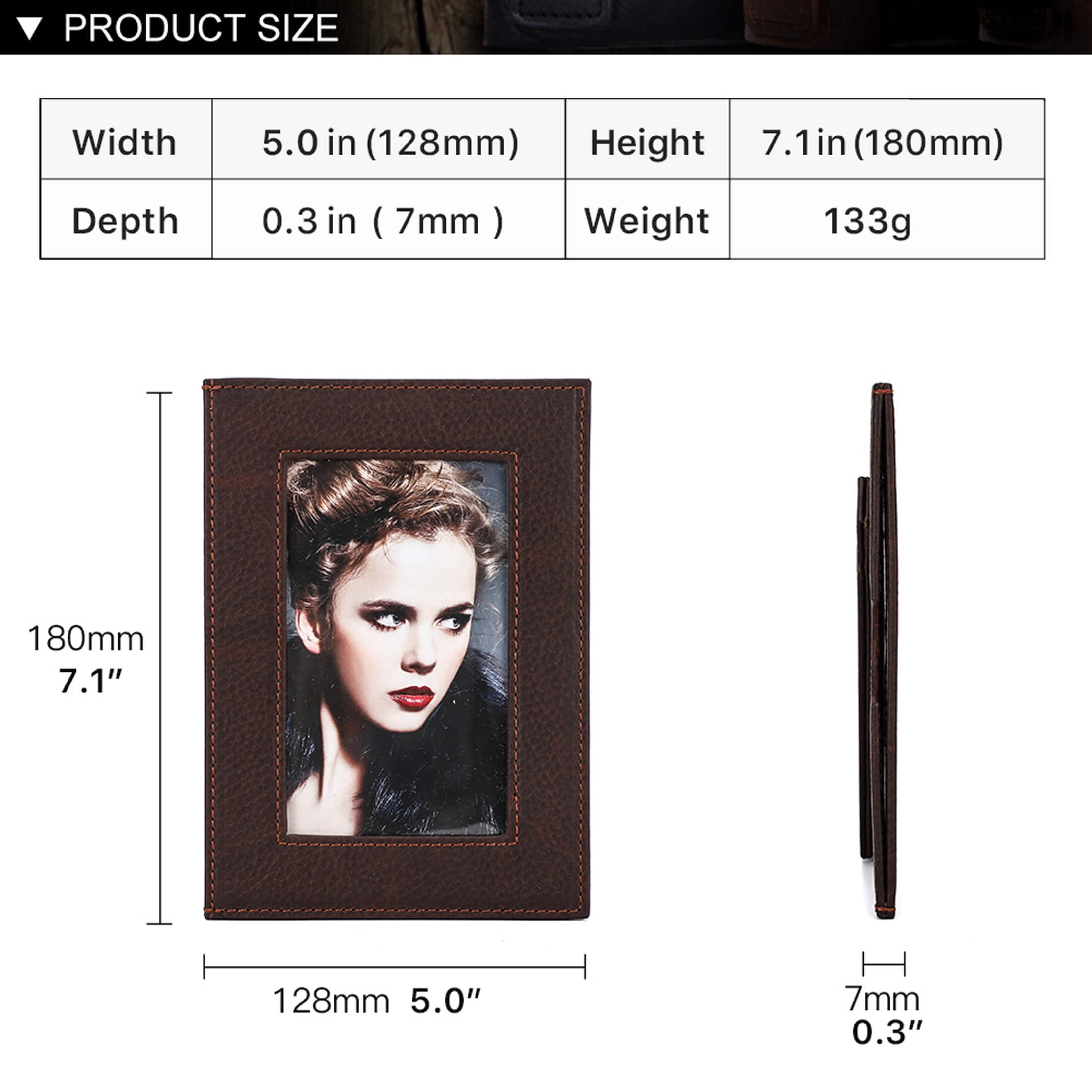 Hiram Genuine Leather 5" x 7"Desktop Photo Frame, Cute Standing Picture Frame, Coffee