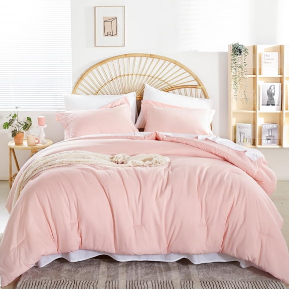 Juego de edredón Weigelia Pink de tamaño completo con sábanas, 7 piezas