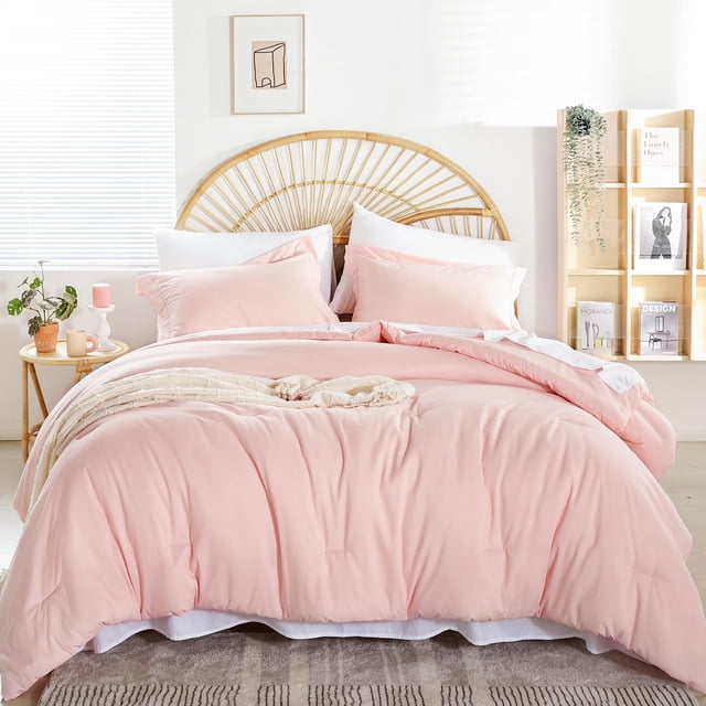 Juego de edredón Weigelia Pink de tamaño completo con sábanas, 7 piezas