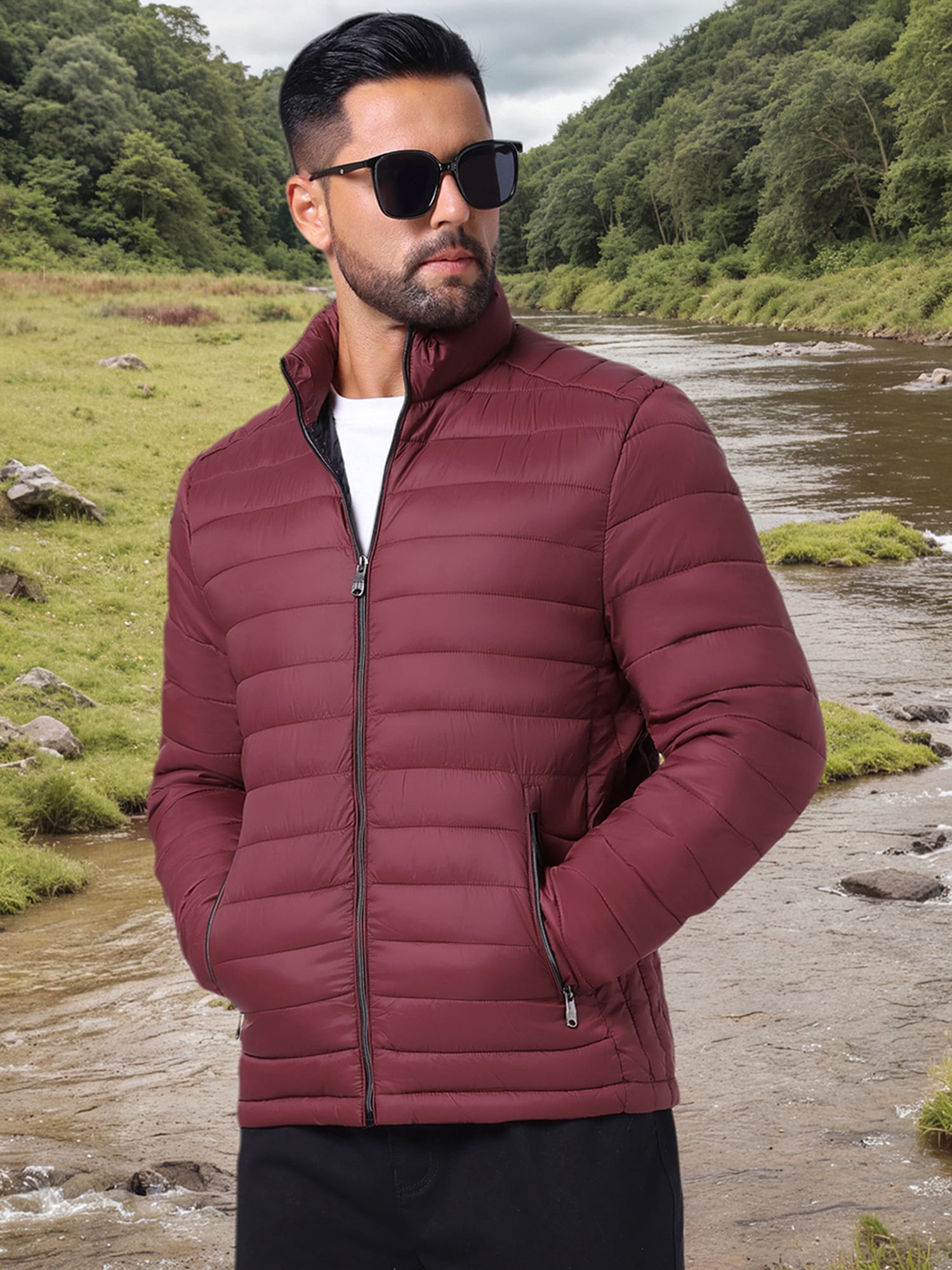 DARING DIVA Men's Winter Solid Stand Collar Zipper Quilted Puffer Jacket S Burgundy
