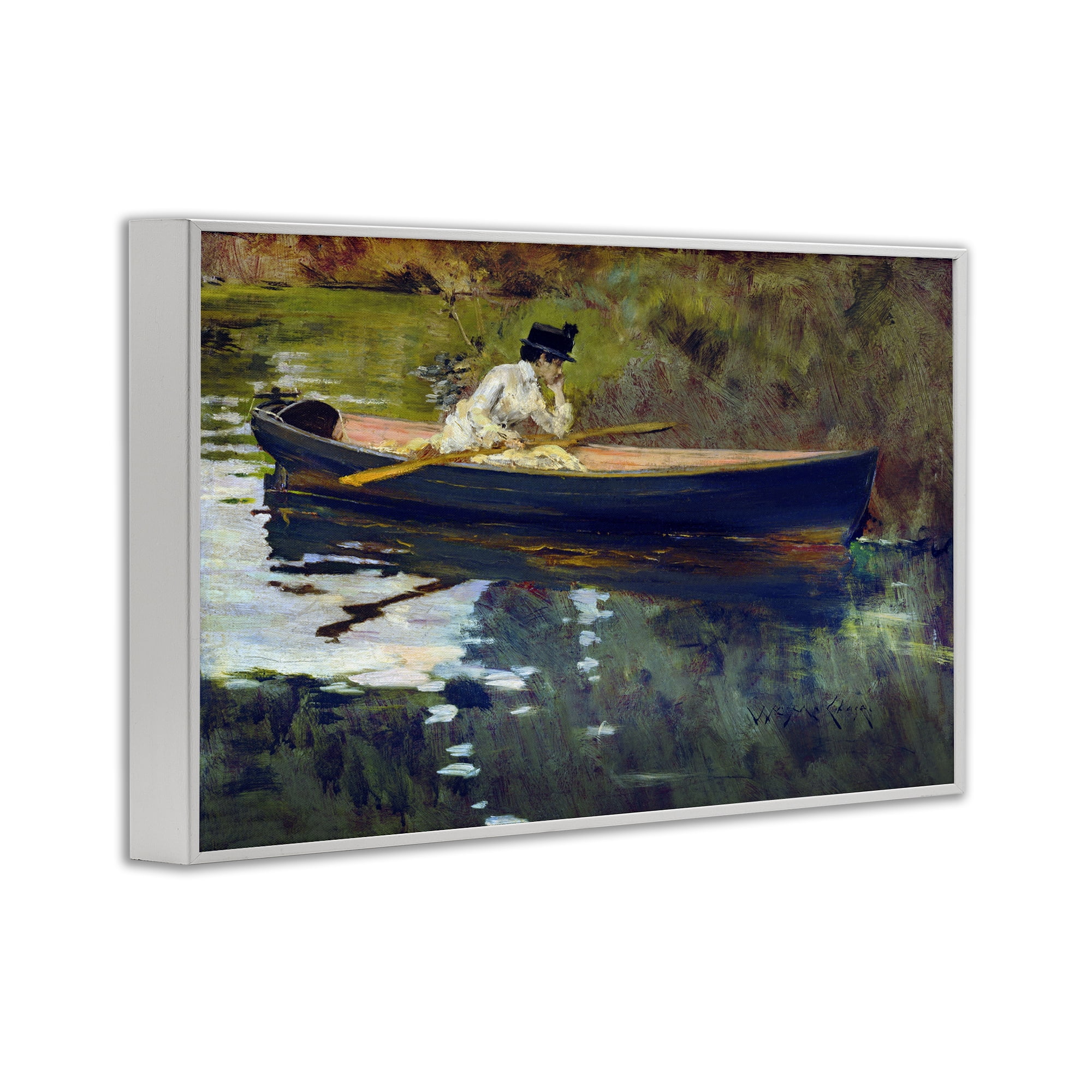 Stupell Industries Thoughtful Woman on Canoe Novelty Painting White Framed Art Print Wall Art, 30 x 20