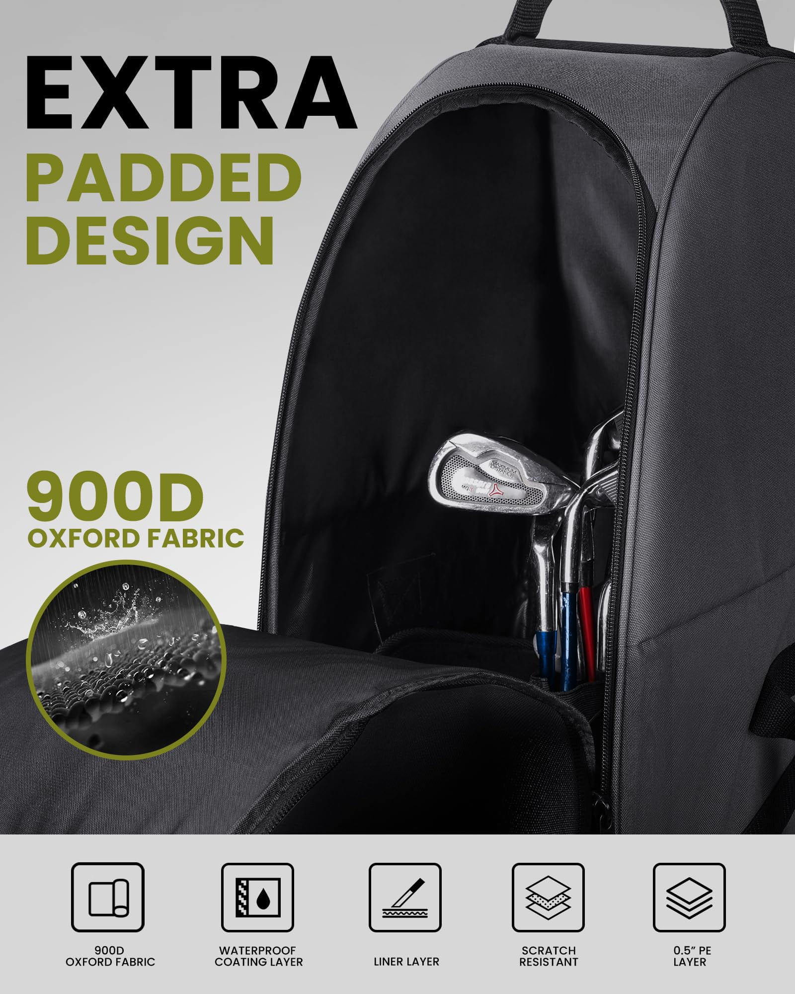 OutdoorMaster Padded Golf Travel Bag with Reinforced Wheels, 900D Heavy Duty Oxford Wear-Resistant and Waterproof Golf Travel Case, Soft-Sided Golf Club Bag