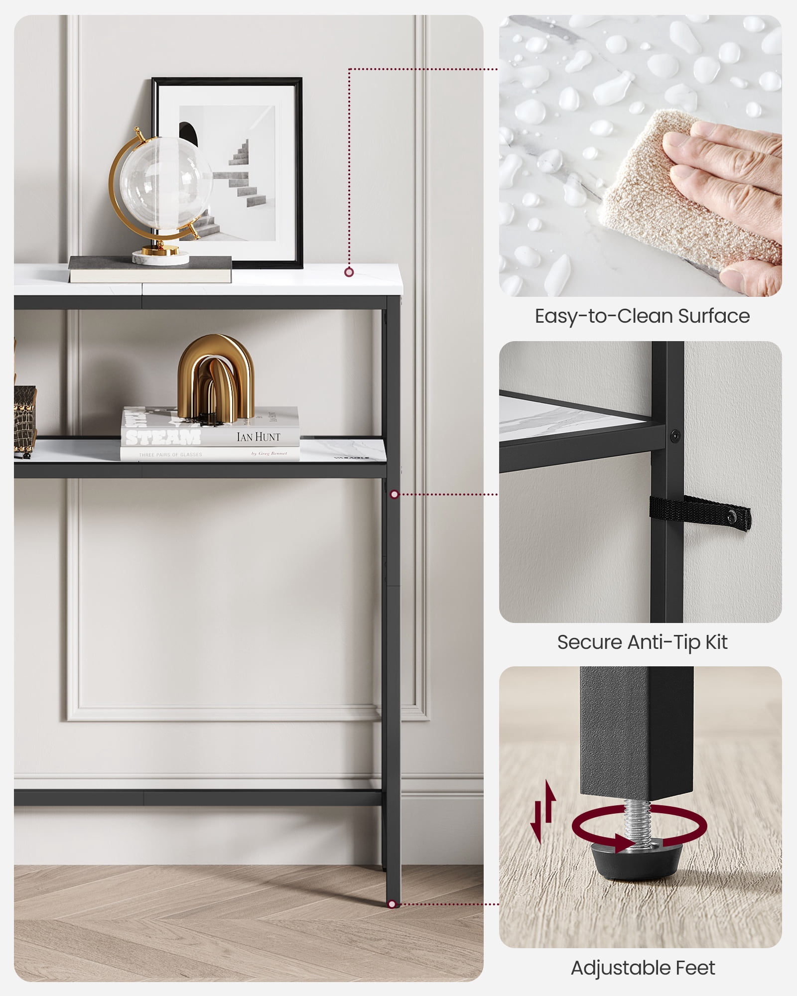 2-Tier Narrow Console Table with Marble White Top, 39.4 Inch Sofa Table for Entryway Living Room, Black Frame