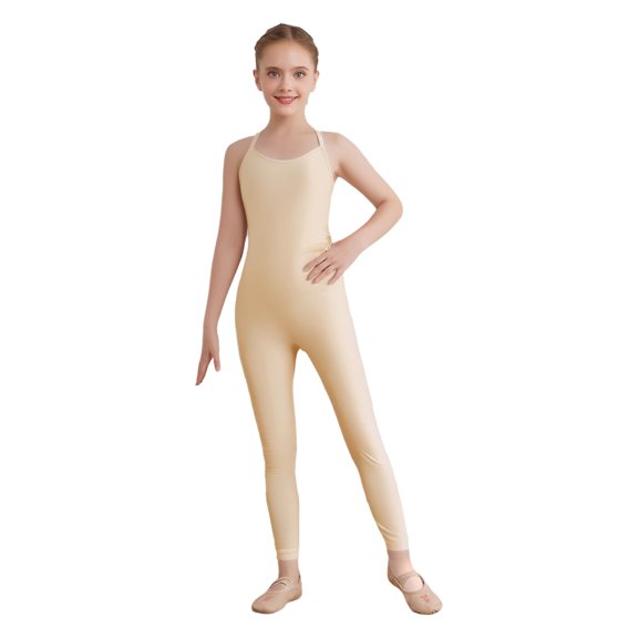 Hansber Girls Gymnastics Sports Leotard Spaghetti Strap Full-length Bodysuit Ballet Training Leotard Nude 10