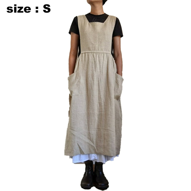 Women Dress Casual Loose Solid Pinafore Long Straps Apron Cotton Linen Overall Dresses with Pockets