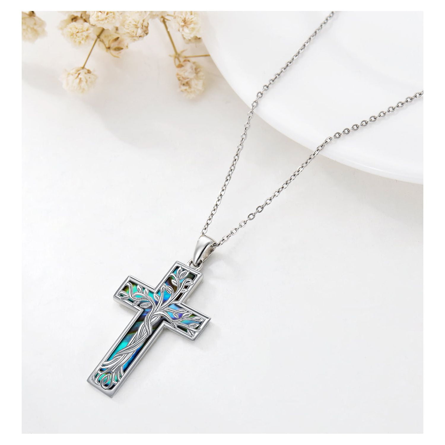 Coachuhhar Cross Necklace 925 Sterling Silver Tree of Life Necklace with Abalone Shell Pendant Necklace Cross Jewelry Gifts for Women Men