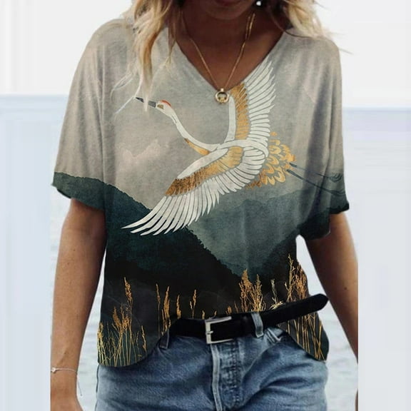 Aloohaidyvio Womens tops $5,Fashion Womens Summer Printed Short Sleeve Crew-Neck T-Shirt Casual Tee Tops