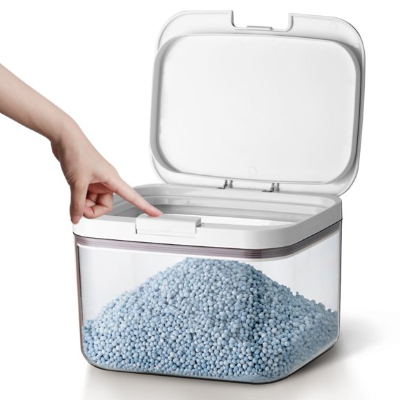 LivLab Mker Distributeur de Détergent à Lessive avec Couvercle à Pression Unique, pour l'Organisation de la Buanderie, Contenant Transparent de Poudre à Lessive pour Animaux avec Tasse à Mesurer, Contenant de Capsules pour Lessive (2,8 L)