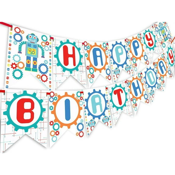 Robot Happy Birthday Banner Pennant - Vintage Robot Party Decorations