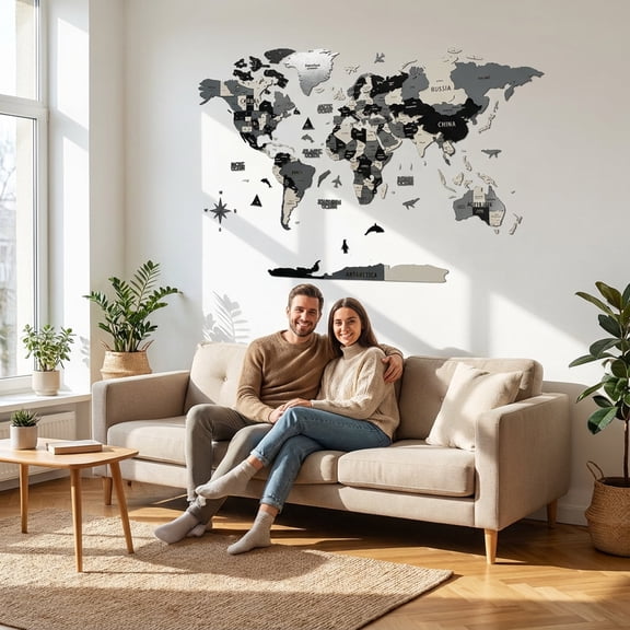ColorfullWorlds 3D Wood World Map Travel Map Gift Idea Wooden Wall Art (Mixed Gray)