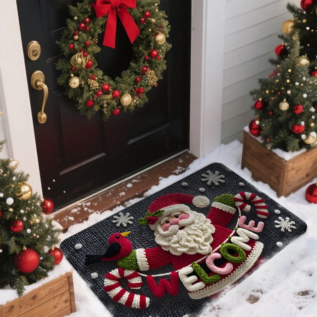 QIPOPIQ Christmas Door Mat, Decorative Entrance Rug with Red Truck Design, Buffalo Plaid Pattern, Holiday Welcome Mat for Indoor, Outdoor