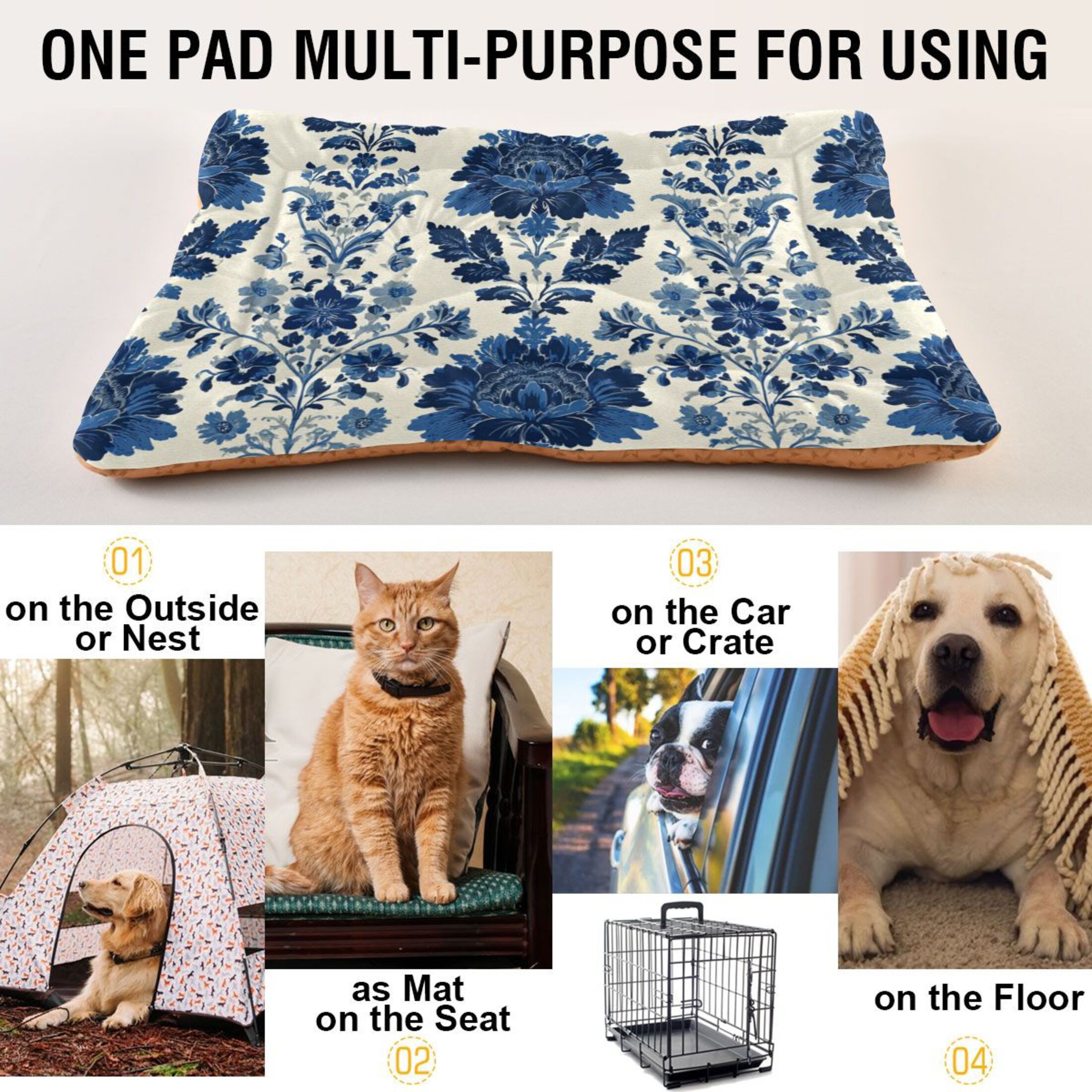 Cozy Mat Pet Bed Indoor Outdoor Warm Soft For Cat Dog Puppy(S/M) Blue Damask