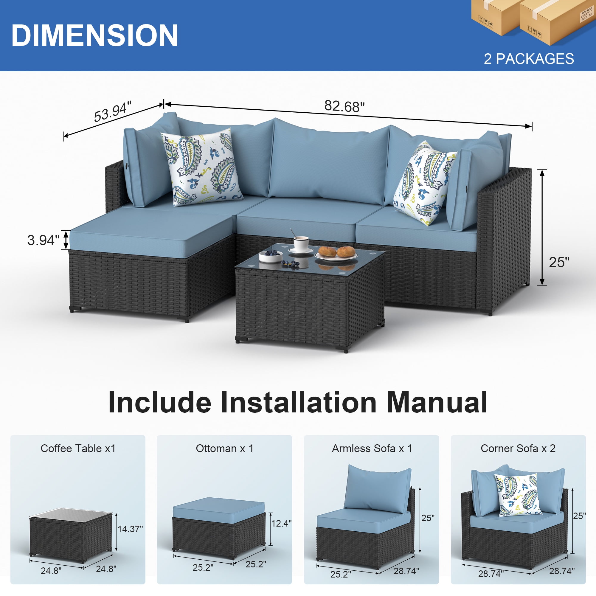 Phonjoroo 5PCS Patio Furniture Sets All Weather Outdoor Sectional Sofa Manual Weaving Wicker Rattan Outdoor Conversation Set with With Cushion And Glass Table, Light Blue