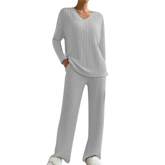 LEBONYARD Women's Trendy Clearance Tops And Pants Groove Ribbed Sets V Neck Pullover Solid Colored Long Sleeve Tops And Long Loose Pants,Sizes XS-2XL
