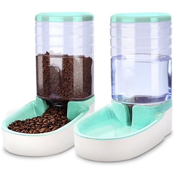 Automatic Dog Cat Feeder and Water Dispenser Set,Waterer and Gravity Food Feeder for Small & Medium Dogs Cats Puppies,Large Capacity 1 Gallon x 2 (Grey)